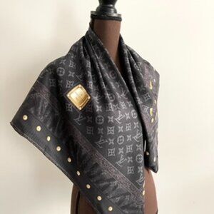 New Louis Vuitton Scarf Monogram Denim Blask Gray Square Silk Wrap